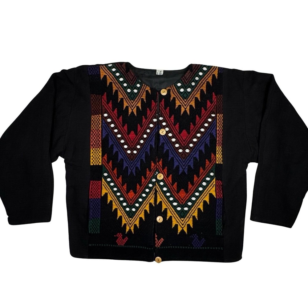 Vintage‎ Woven Aztec Jacket M Black Multicolor Wood Buttons Pockets Boho Tribal